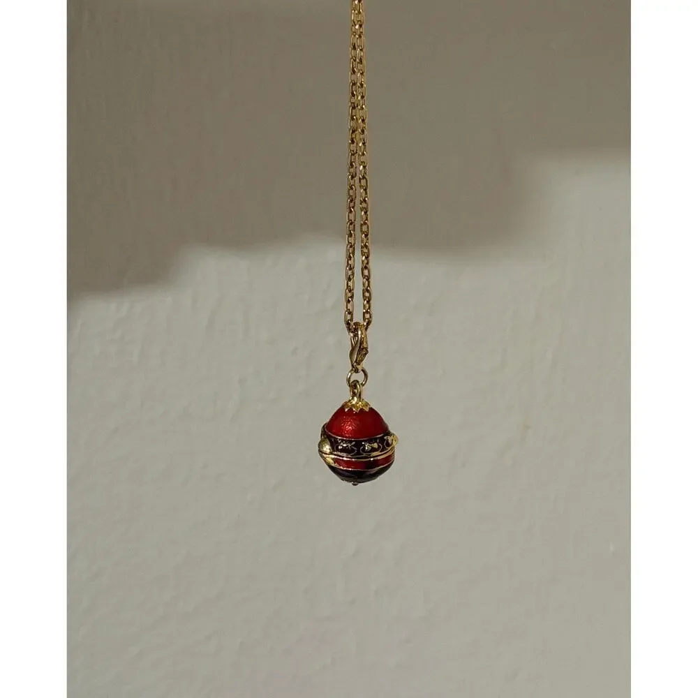 Vintage Joan Rivers Faberge Style Egg Locket Necklace • Red Enamel • Gold Plate